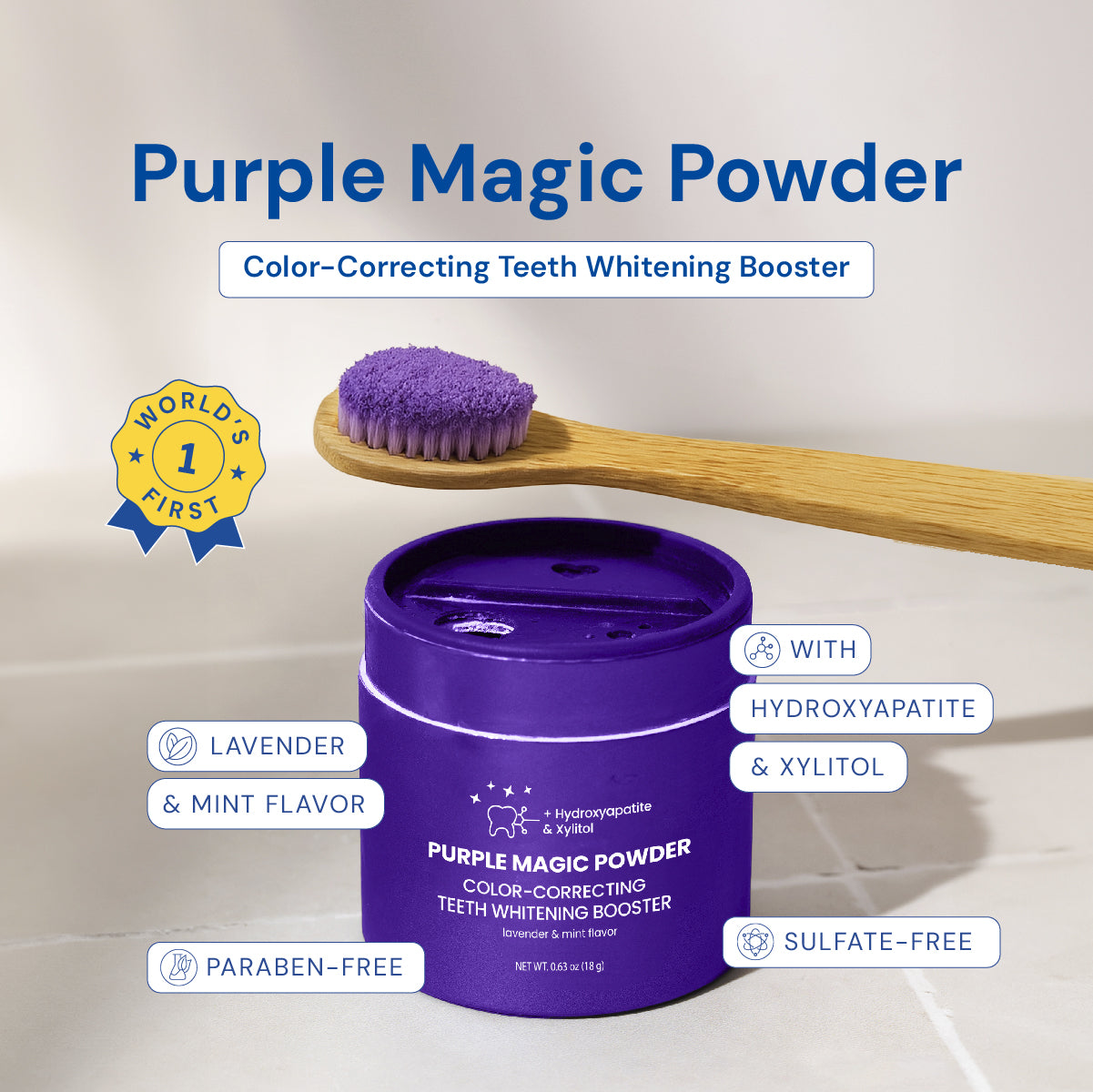 Purple Brightening Magic Whitening Toothpaste Booster® Powder with Hydroxyapatite — World’s First + Enamel Rebuilding