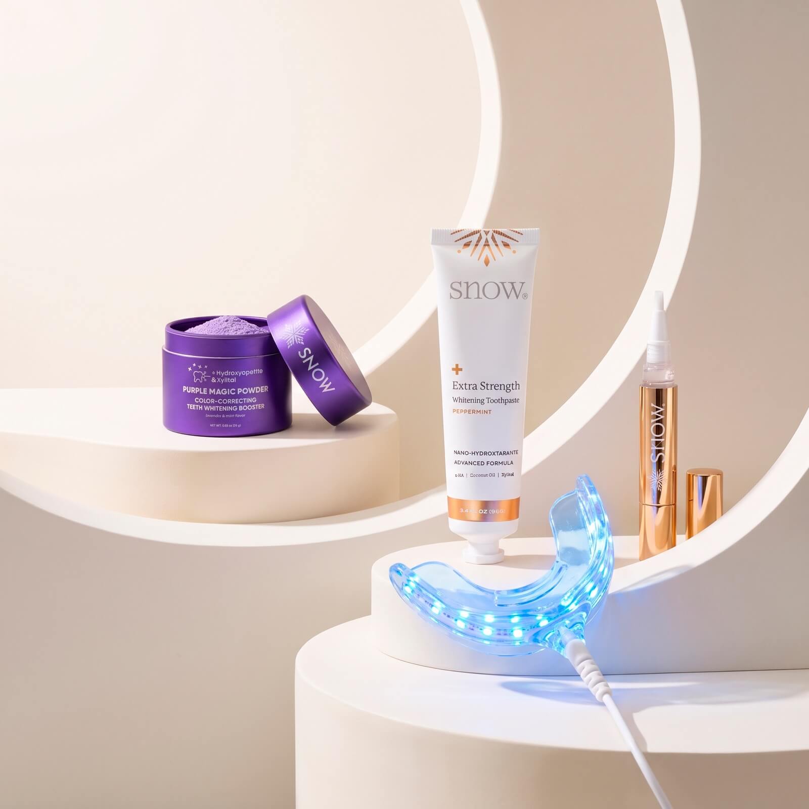 SNOW Extra Strength bundle: purple magic powder, whitening toothpaste, whitening pen and LED mouthpiece