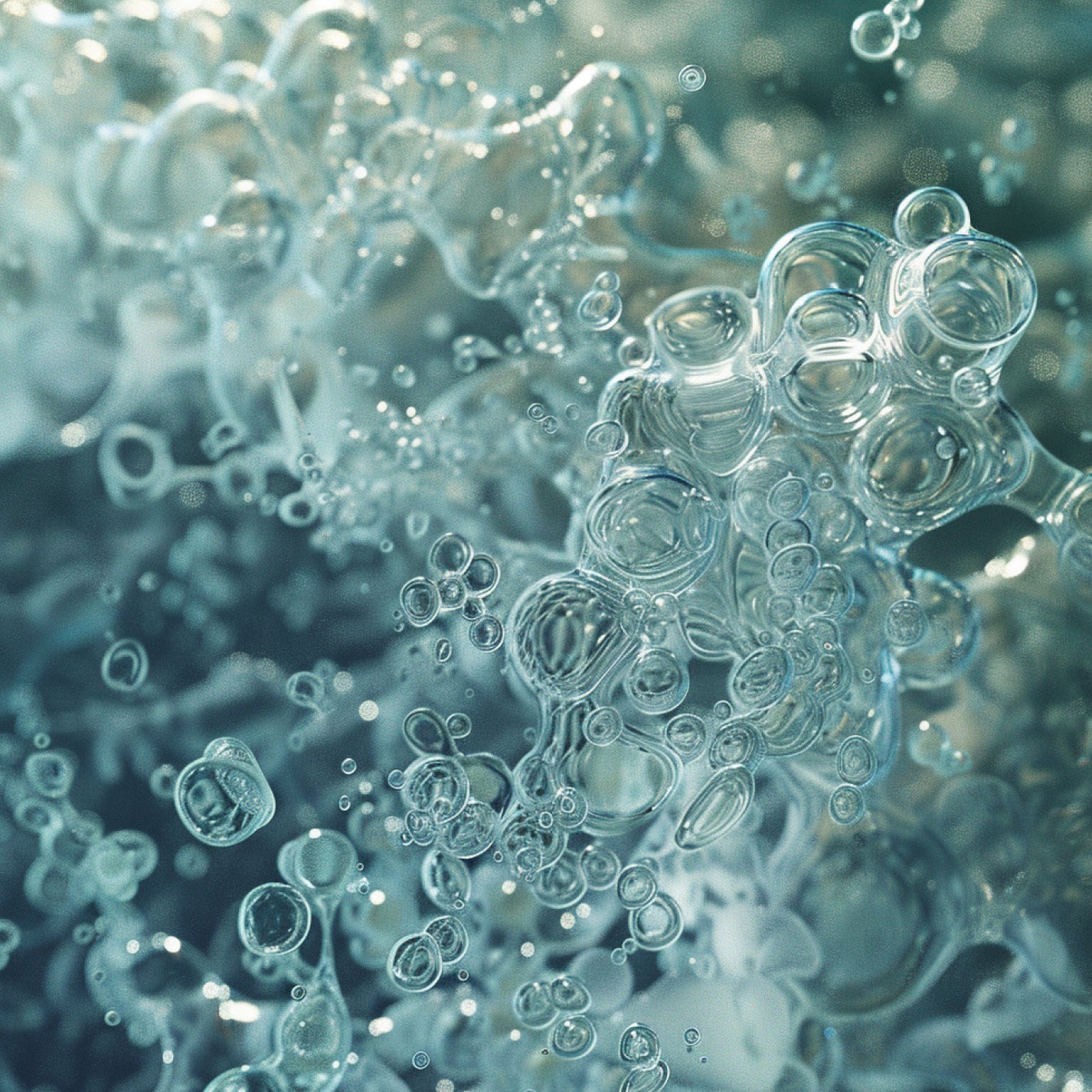 Close-up of many clear, floating air bubbles underwater.